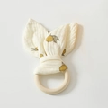 Baby teething wood ring with cream cotton rabbit ears featuring yellow lemon patterns - Lemon