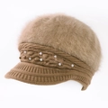 Winter rabbit fur knit beret cap for women in khaki with pearl button details - One Size / Khaki (Square Pearl Style)