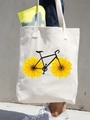 Canvas tote bag with black bicycle and yellow sunflower print on cream white fabric - Bicycle & Sunflowers