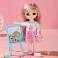 Pink hair doll toy set with white rabbit t-shirt, sequin skirt, blue easel, and palette - Pink Rabbit Girl
