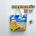 Bolso de playa de lona con estampado de paisaje y asas de cuerda de algodón blanco - Estilo 7