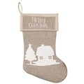 Calza natalizia in lino beige con sagome di case bianche e ricamo Merry Christmas - Stile Casa