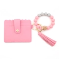 Pink silicone bead bracelet keychain set with PU leather wallet and tassel accessory - Sakura Pink