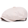 Classic beige cotton newsboy cap with vintage octagonal design and leather side detail - One Size / Beige