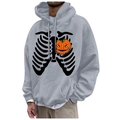 Grey hoodie with skull ribcage and pumpkin print, drawstring hood and kangaroo pocket - S / Tops / Gray