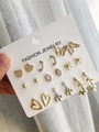 6-piece gold earring set with leopard print, heart and butterfly motifs on display card - Gold Cherry Butterfly Artificial Pearl Set (55197hb)