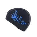 Elastic black swim cap featuring a blue ROELIA logo and stylized flame print - Blue Flame Design