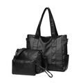 3-piece black tote bag set for women with shoulder bag and clutch in textured leather - Tote Bag And Crossbody Bag And Pouch / Black