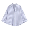 Detailed view of blue and white striped linen shirt collar and fabric texture size L - Dark Blue Striped