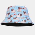 Detail of light blue bucket hat with cute cartoon pug and red heart print patterns - M (56-58cm) / Light Blue Pug