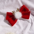 Christmas hair clip featuring red velvet bow with white pompom and golden reindeer antlers - 6# Christmas Hair Clip - Velvet Antlers