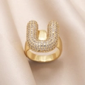 Gold plated open ring featuring letter U shape encrusted with sparkling clear zircon - Small / Letter U