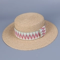 Böhmischer Strohhut mit breiter Krempe und buntem Zickzack-Band für den Sonnenschutz - M(56-58cm) / Rosa