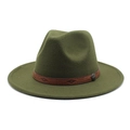 Close-up of a dark green wool fedora with an embossed brown ethnic style band and buckle - M (56-58cm) / Army Green