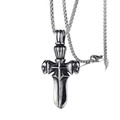 Gothic silver pirate sword cross necklace with skulls and stainless steel chain - Crown Skull Sword Cross