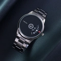 Detail view of ORUSS black steel mesh strap watch on dark textured leather background - Steel Band / Black Dial Black Steel Band