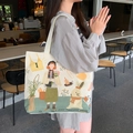 Off-white canvas tote bag featuring artistic cartoon illustrations and shoulder straps - Illustration Girl