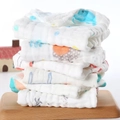 Set of six soft cotton baby muslin squares with colorful cartoon fish prints in a tray - Random Patterns