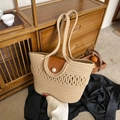 Beige woven straw handbag featuring a brown leather flap and large faux pearl button closure - Khaki Without Satin Scarf
