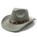 Chapeau de cowboy gris en suédine avec bandeau en cuir et emblème tête de taureau - M (56-58cm) / Vert Militaire