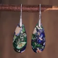 Detail of teardrop natural stone earrings with blue and green textures on branch - Blue Green White Intertwined Style (ER1025-11)