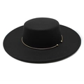 Classic black flat-top wool felt boater hat with wide brim and gold chain accent - M (56-58cm) / Black