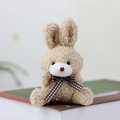 Cute beige curly plush rabbit keychain with a brown plaid bow tie accessory - Light Brown / 11cm