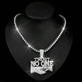 Detail of silver TRUST NO ONE hip hop pendant with rhinestones on Cuban link chain - Silver Pendant with 18inch Tennis Chain