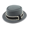 Macro detail of dark grey wool pork pie hat featuring a beaded black ribbon trim - M (56-58cm) / Gray