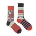Asymmetrical cotton crew socks featuring red and purple cat and strawberry patterns - Purple Red Contrast Cartoon