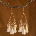 Bohemian tribal long earrings featuring white silk tassels and golden leaf charms - White Tassel (S3756-2)
