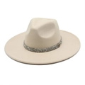 Detail of cream wool fedora with rhinestone band and gold M logo plate on white background - M (56-58cm) / Beige