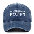 Ricamo dettagliato WORLD'S BEST POPPY su cappello in denim lavato blu scuro - Regolabile / Blu navy