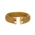 Detail of 18K gold plated mesh C-shaped cuff bracelet with polished cylindrical ends - Glossy / 12mm / Gold