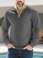 Detail of men's quarter-zip hoodie with contrast khaki elbow patches and textured fabric - Dark Gray