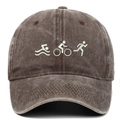 Close-up of triathlon embroidery on dark brown washed cotton vintage baseball cap - Adjustable / Coffee