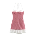 French style red striped halter mini dress with lace trim and ruffled hem for women - XS / Red