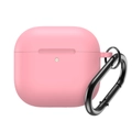 Pink silicone AirPods 4 case with black metal carabiner and indicator light hole - Pink
