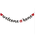 Welcome Home black banner with red glitter hearts and house icon for family gathering - Red Heart Red House