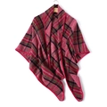 Pink and red plaid cashmere-like triangle scarf shawl displayed on a wooden hanger - Rose Red