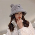 Gray plush bucket hat with bear ears for women, warm winter faux fur accessory - Bear Nose Bucket Hat - Grey