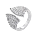 Detailed view of an open silver ring with triangle ends set with sparkling pavé crystals - Silver Fan-shaped White Zirconia Style (VJ732)