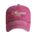 Close-up of Mama embroidery and colorful hearts on washed cotton baseball cap - Deep Pink - Rainbow Heart