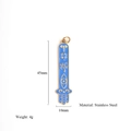 Gold stainless steel Hamsa pendant with blue enamel devil eye detailing and size specs - Blue Hamsa Hand