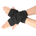 Close-up of black knitted fingerless wrist warmers with elastic ribbed texture - One Size / Black