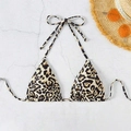 Flat lay of leopard print triangle bikini top with sunglasses and straw hat decor - Yellow and Black Leopard