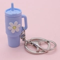 Light blue silicone cup keychain with white daisy pattern and silver lobster clasp - Sky Blue Flower Cup Keychain