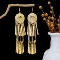 Ethnic bohemian long golden bell tassel earrings with leaf pendant for women - E3147 Long Tassel Hook Dangle