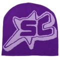 Detail view of the thick purple knitted beanie fabric with star and letter patterns - Deep purple