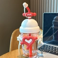 Cute red and white sunflower straw cup with heart strap and cartoon dome lid - Heart White Red